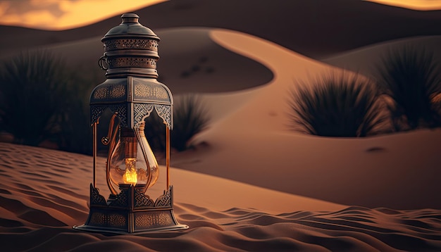 Uma lanterna no deserto com o sol brilhando sobre o conceito de Ramadã e Eid Mubarak