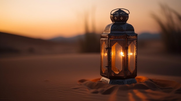 Uma lanterna no deserto com o sol se pondo atrás dela