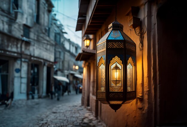 Uma lanterna ornamental árabe com luz colorida brilhando na rua à noite