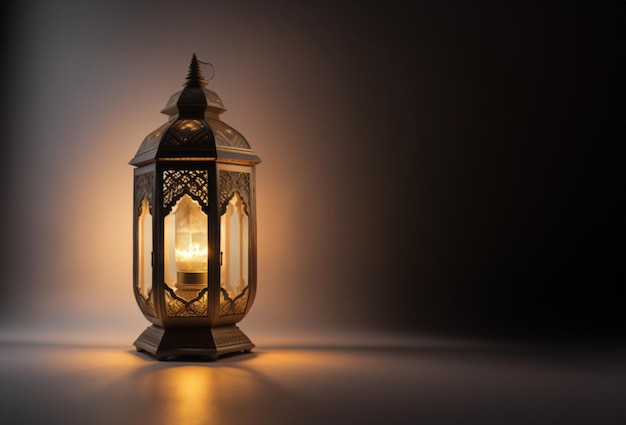 Uma lanterna ornamental árabe com vidro colorido brilhando em um fundo escuro uma saudação para o Ramada