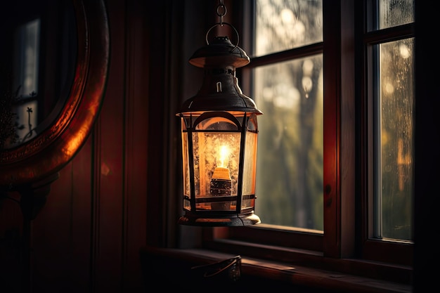 Uma lanterna pendurada acima de uma janela, seu brilho quente brilhando através do vidro