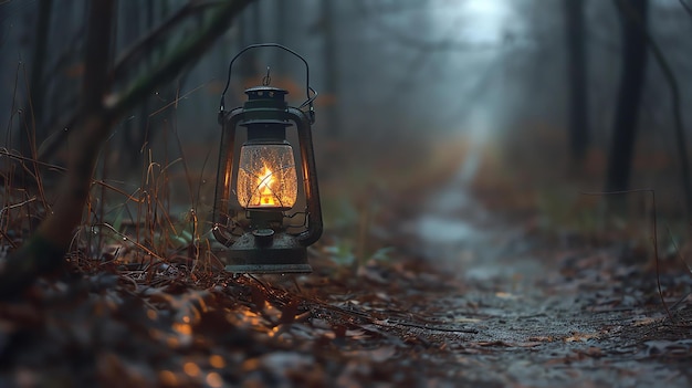 Uma lanterna senta-se no chão da floresta lançando um brilho quente o caminho à frente é escuro e incerto mas a lanterna fornece uma sensação de esperança e orientação