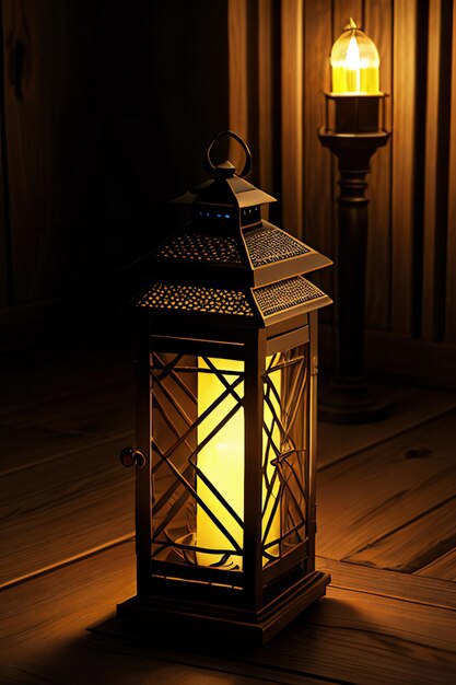 uma lanterna sentada em cima de um piso de madeira