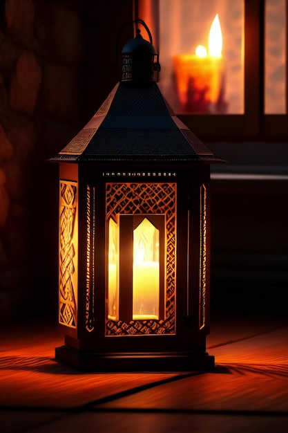 uma lanterna sentada em cima de um piso de madeira