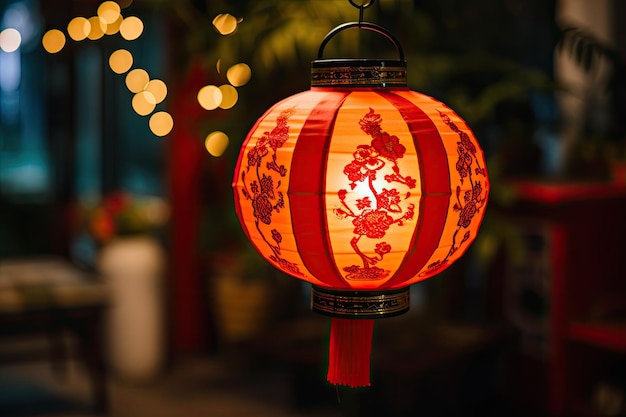 Uma lanterna tradicional chinesa de Ano Novo vermelha decorada com hieróglifos pendura do teto em um interior aconchegante