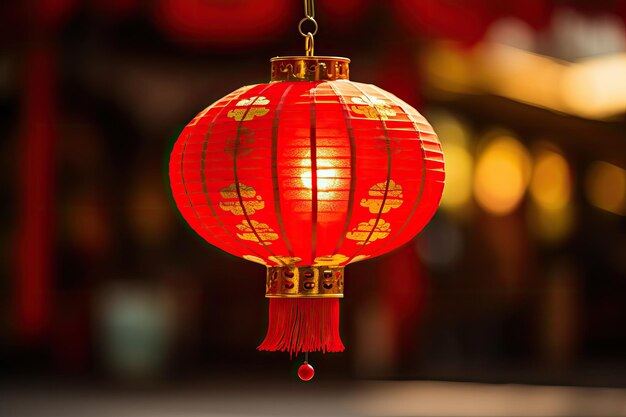 Foto uma lanterna tradicional chinesa de ano novo vermelha decorada com hieróglifos pendura do teto em um interior aconchegante