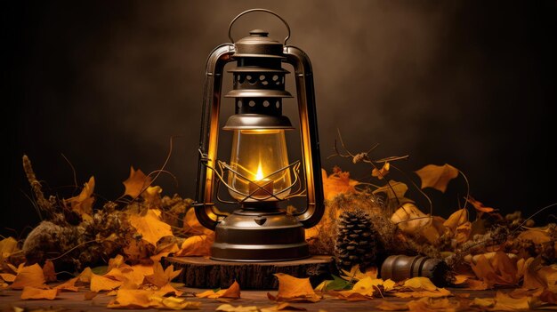 Uma lanterna vintage cercada por folhas caídas