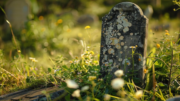 Uma lápide desgastada está em um cemitério coberto de vegetação o sol brilha brilhando lançando sombras sobre as flores e a grama