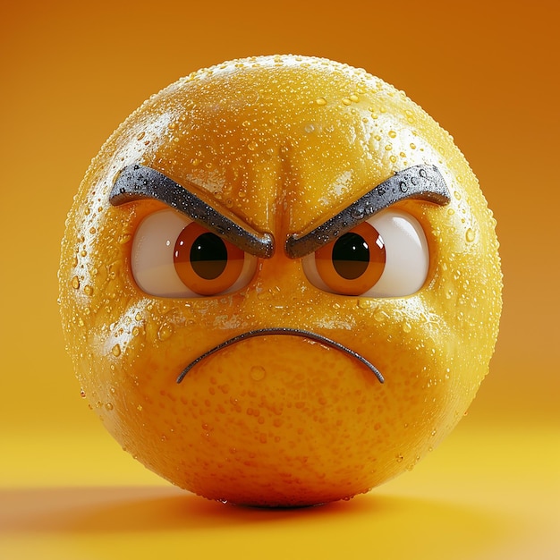 uma laranja amarela com um rosto zangado e a palavra zangado nele