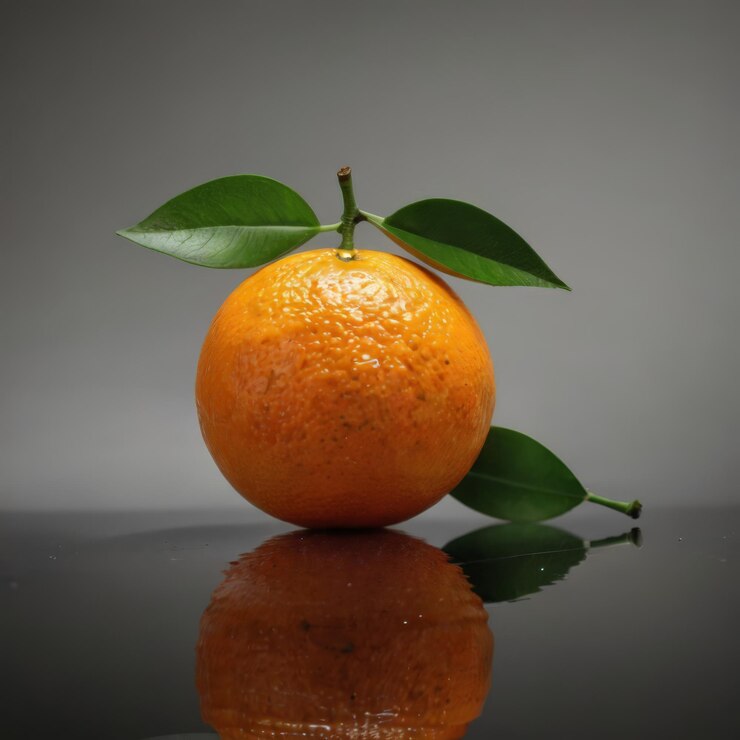 Foto uma laranja com folhas que tem a palavra " romã " citada