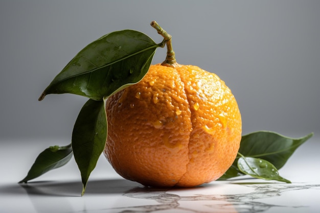 Uma laranja com folhas verdes e uma folha nela