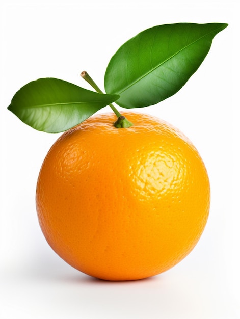 uma laranja com folhas verdes e uma folha que diz fresca