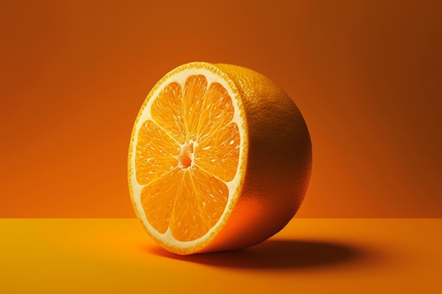Uma laranja com um corte ao meio em um fundo laranja