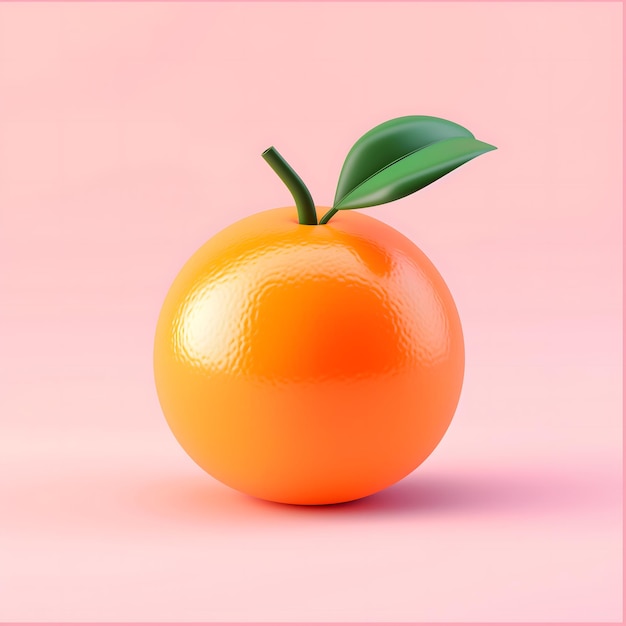 Foto uma laranja com uma folha sobre ela está em um fundo rosa