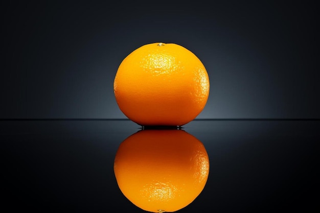 Uma laranja é refletida em uma superfície preta com reflexo de um fundo preto.