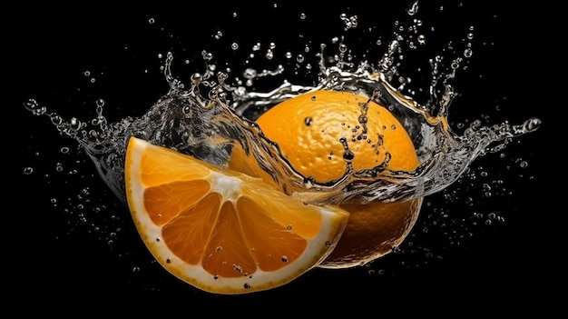 Uma laranja espirrando em um respingo de água