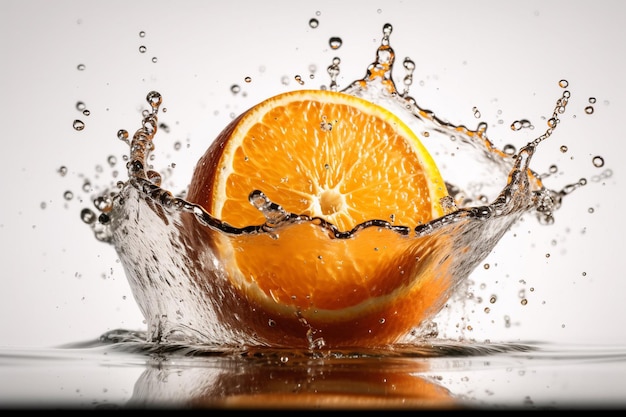 Uma laranja está caindo em um respingo de água.