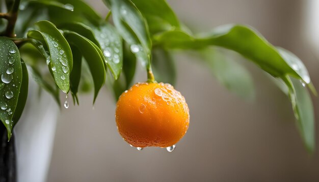 uma laranja está coberta de água e tem uma gota de água nela