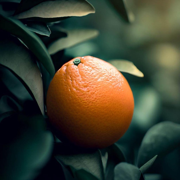 Uma laranja está em uma árvore com folhas e a palavra amor nela.