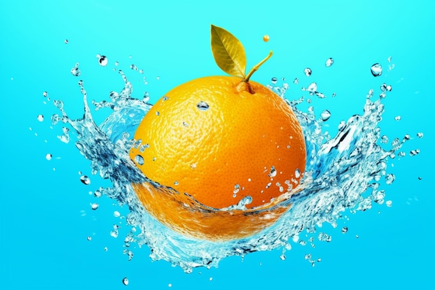 Uma laranja está na água com uma folha que está caindo.