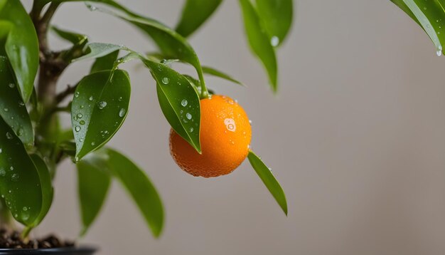 uma laranja está pendurada de uma árvore com gotas de água