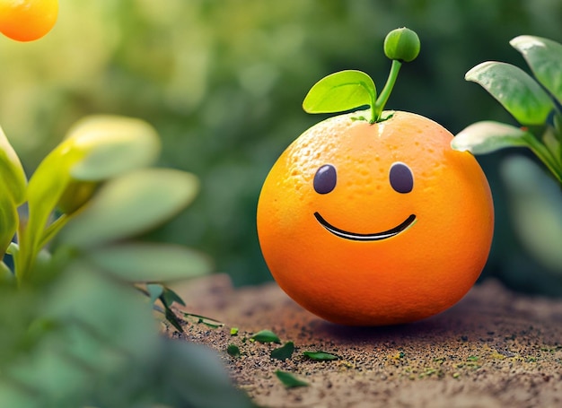 Uma laranja fofa sorridente em um jardim Dia Mundial do Sorriso