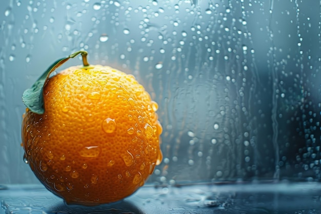 Uma laranja sozinha senta-se numa mesa com gotas de chuva nela.