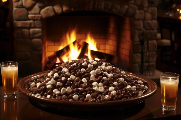 Uma lareira acolhedora com chocolate quente decadente que cria a atmosfera perfeita para o Natal.