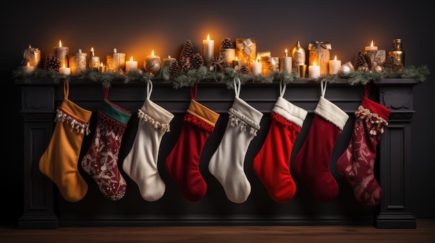 Uma lareira aconchegante adornada com meias de Natal