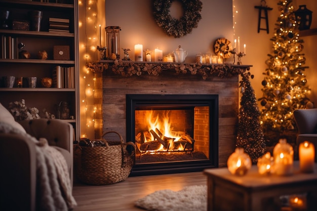 Uma lareira com uma árvore de natal na parede e uma vela na mesa.