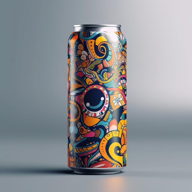 uma lata de cerveja de estilo mexicano com um padrão colorido no lado.