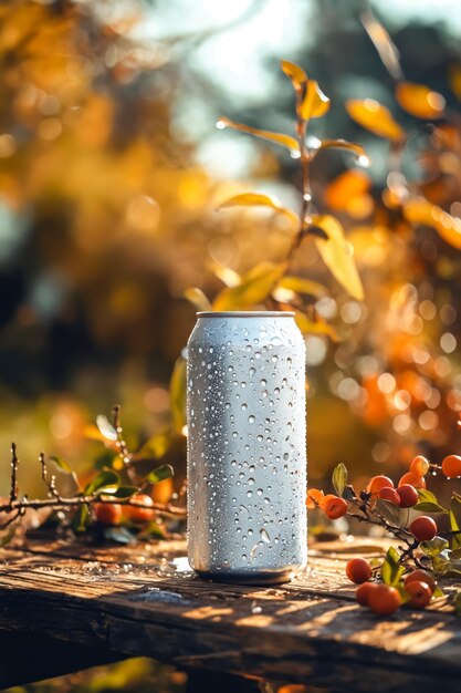 Uma lata de cerveja sentada numa mesa de madeira.