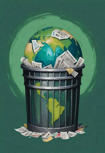 Foto uma lata de lixo com um globo e dinheiro nela