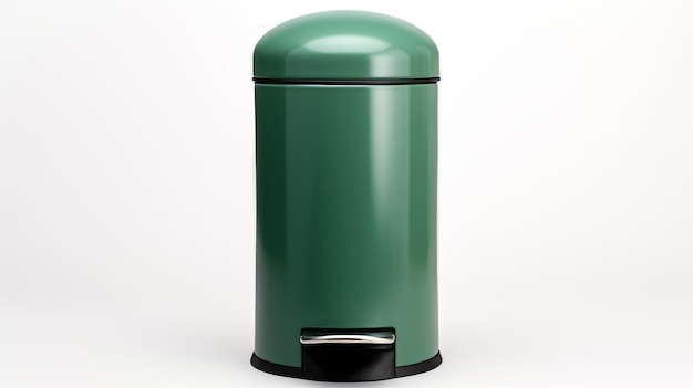 Uma lata de lixo verde moderna em um fundo branco