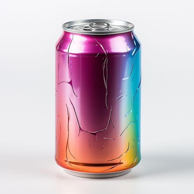 uma lata de refrigerante colorida com uma tampa colorida do arco-íris assenta sobre um fundo branco.