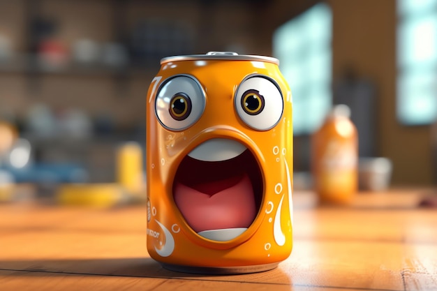 Uma lata de refrigerante com uma expressão de rosto bonito e brincalhão