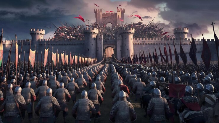 Foto uma legião marchando em direção ao castelo medieval ilustração 3d