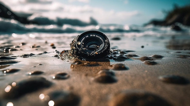 Uma lente de câmera deitada na praia na areia