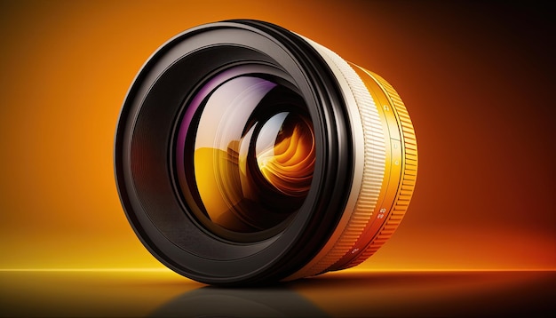 Uma lente de câmera é mostrada em um fundo laranja.