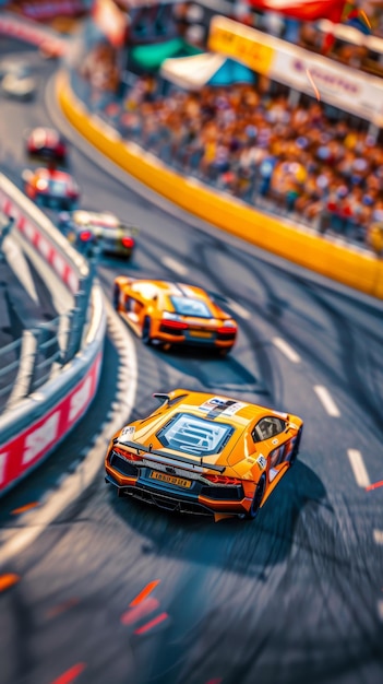 Uma lente tiltshift captura o espetáculo de uma corrida de velocidade fazendo com que os carros de corrida pareçam miniaturas em plena ação