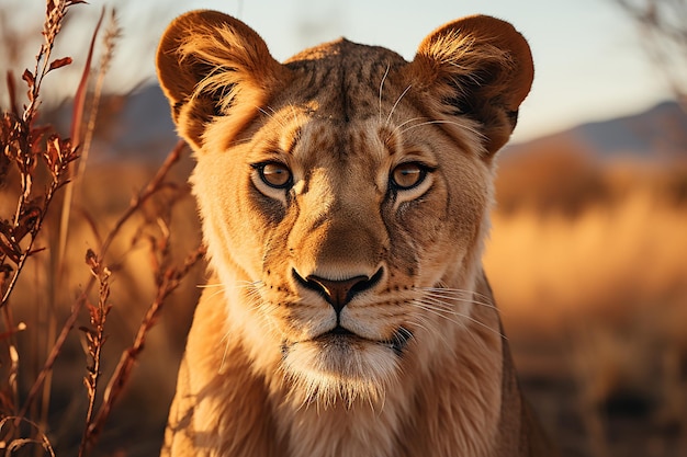 Uma leoa cativante em close-up na savana africana