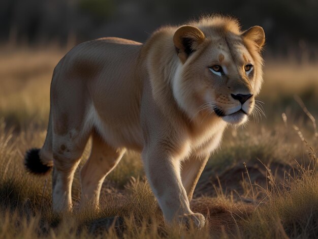 uma leoa está andando na grama na frente de um tigre