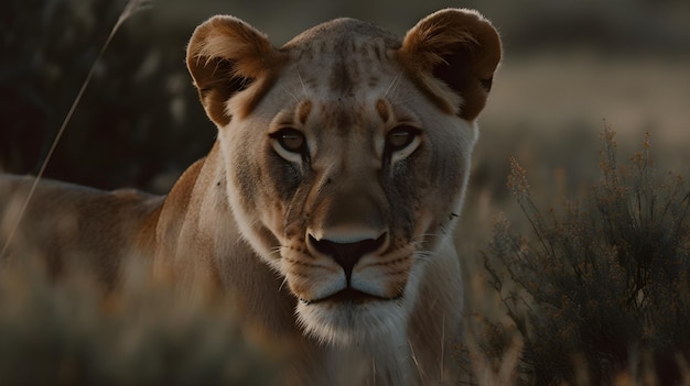 Uma leoa na grama com o título 'leoa'