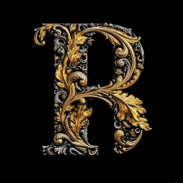 Uma letra B com folhas e flores douradas sobre um fundo preto