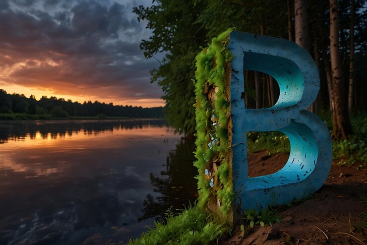 Foto uma letra b está sentada na margem de um lago com um pôr-do-sol no fundo