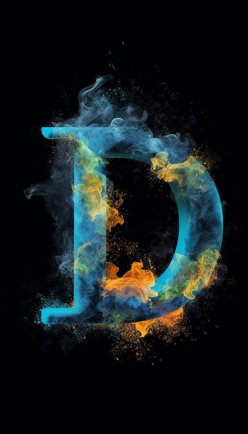 Uma letra d com fumaça laranja e azul ao fundo.