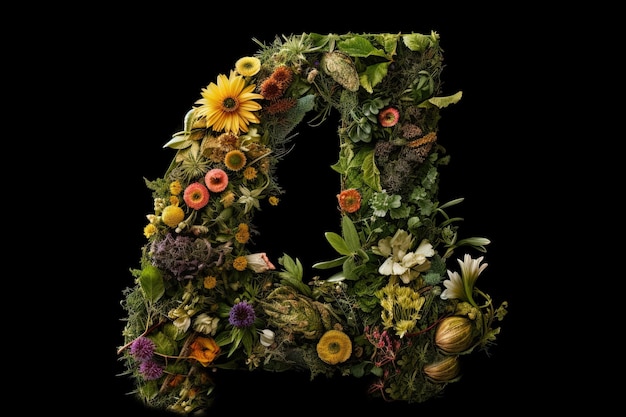Uma letra do alfabeto feita de folhas, plantas e flores isoladas na ilustração de fundo preto generative ai