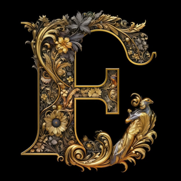 Uma letra E com folhas de ouro e flores em um fundo preto