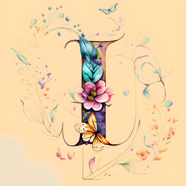 Foto uma letra l com uma flor e uma borboleta pintadas nela.