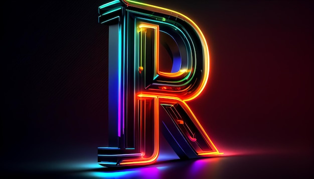 Uma letra neon r é iluminada em cores neon